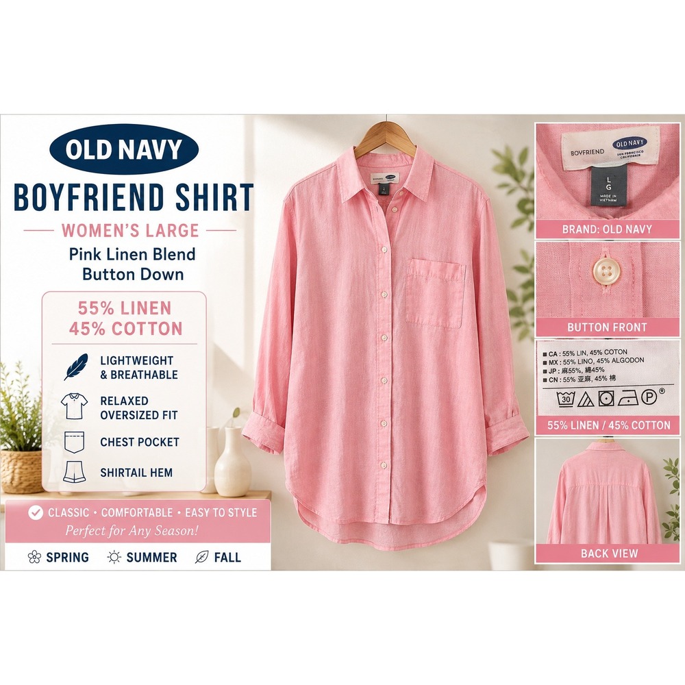 Old Navy Boyfriend Shirt Womens Large Pink Linen Blend Button Down Long Sleeve